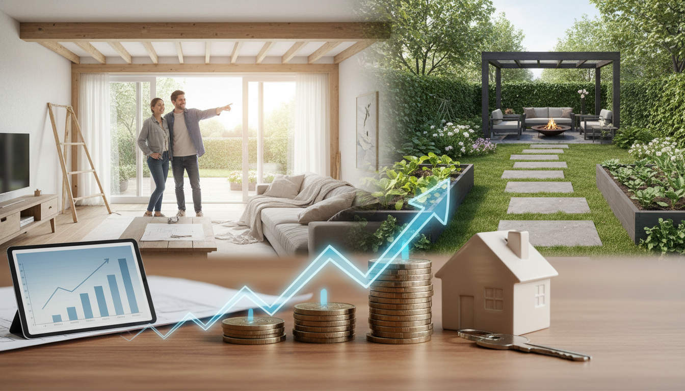 Nowoczesna aranżacja salonu z wyjściem na taras i pięknie urządzony ogród, przedstawiająca efekty dobrze sfinansowanego remontu.